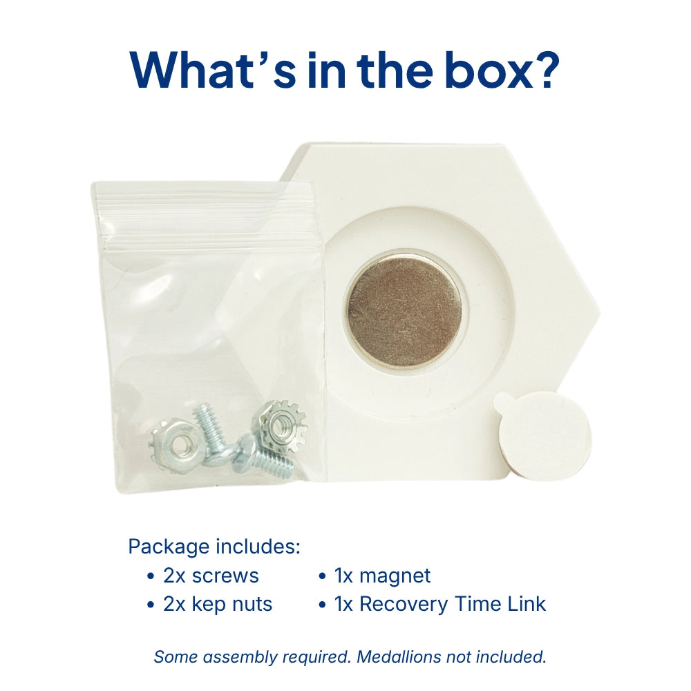 Product packaging with screws, kep nuts, a magnet, and a recovery time link on a white background.