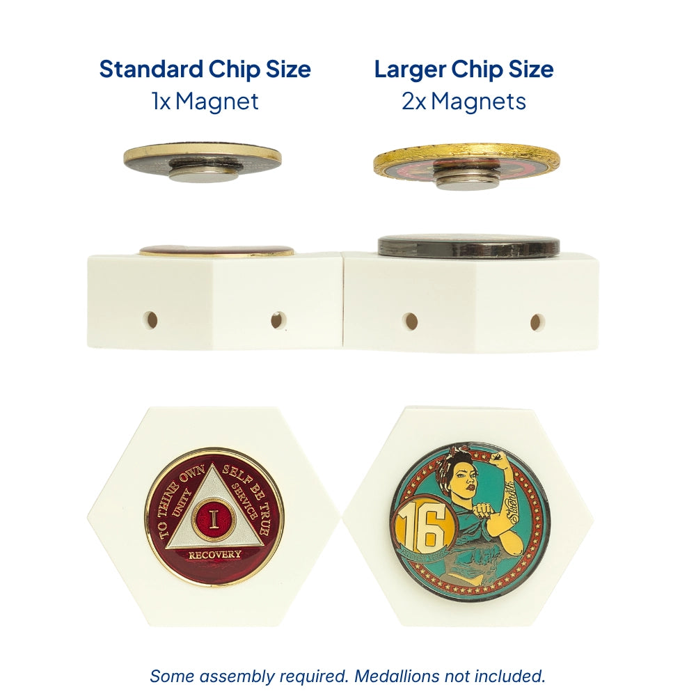 Comparison of standard and larger chip size magnets with medallions on a white background.